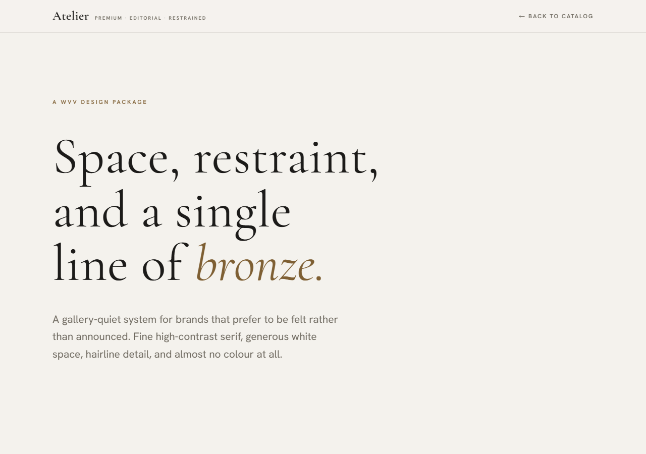 Atelier design direction: premium, restrained, editorial layout in stone tones with a fine serif.