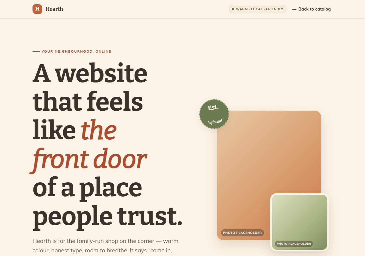 Hearth design direction: warm, earthy, friendly layout in cream and terracotta.