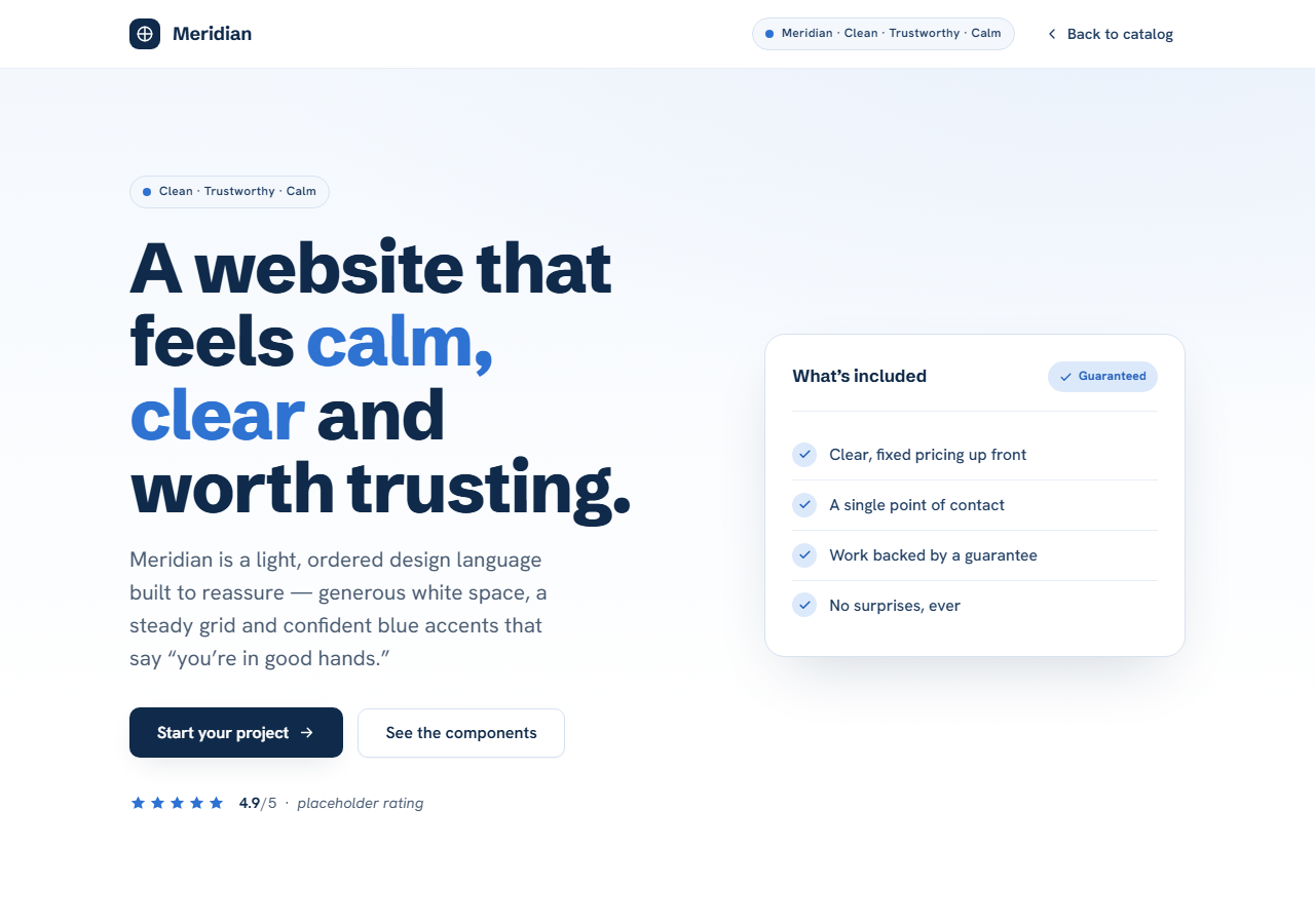 Meridian design direction: clean, airy, navy-and-blue layout with lots of white space.