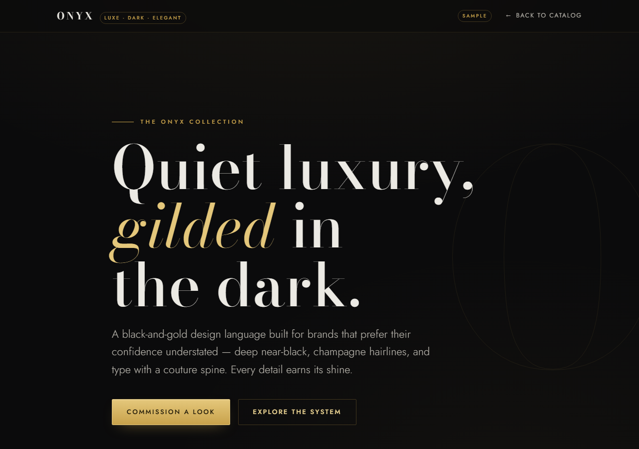 Onyx design direction: luxe dark layout in black with brass and gold accents.