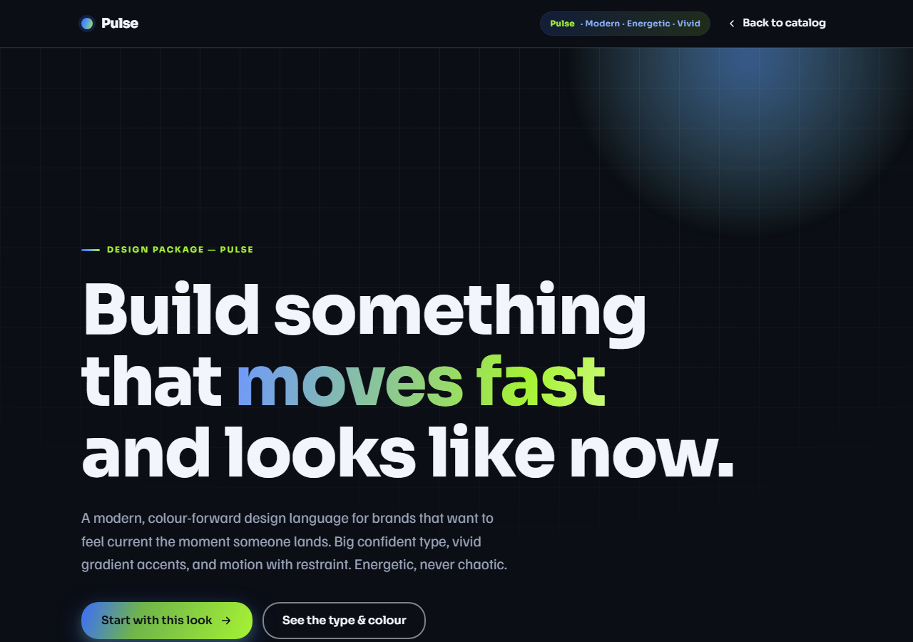 Pulse design direction: modern, energetic layout with vivid indigo-to-magenta gradients.