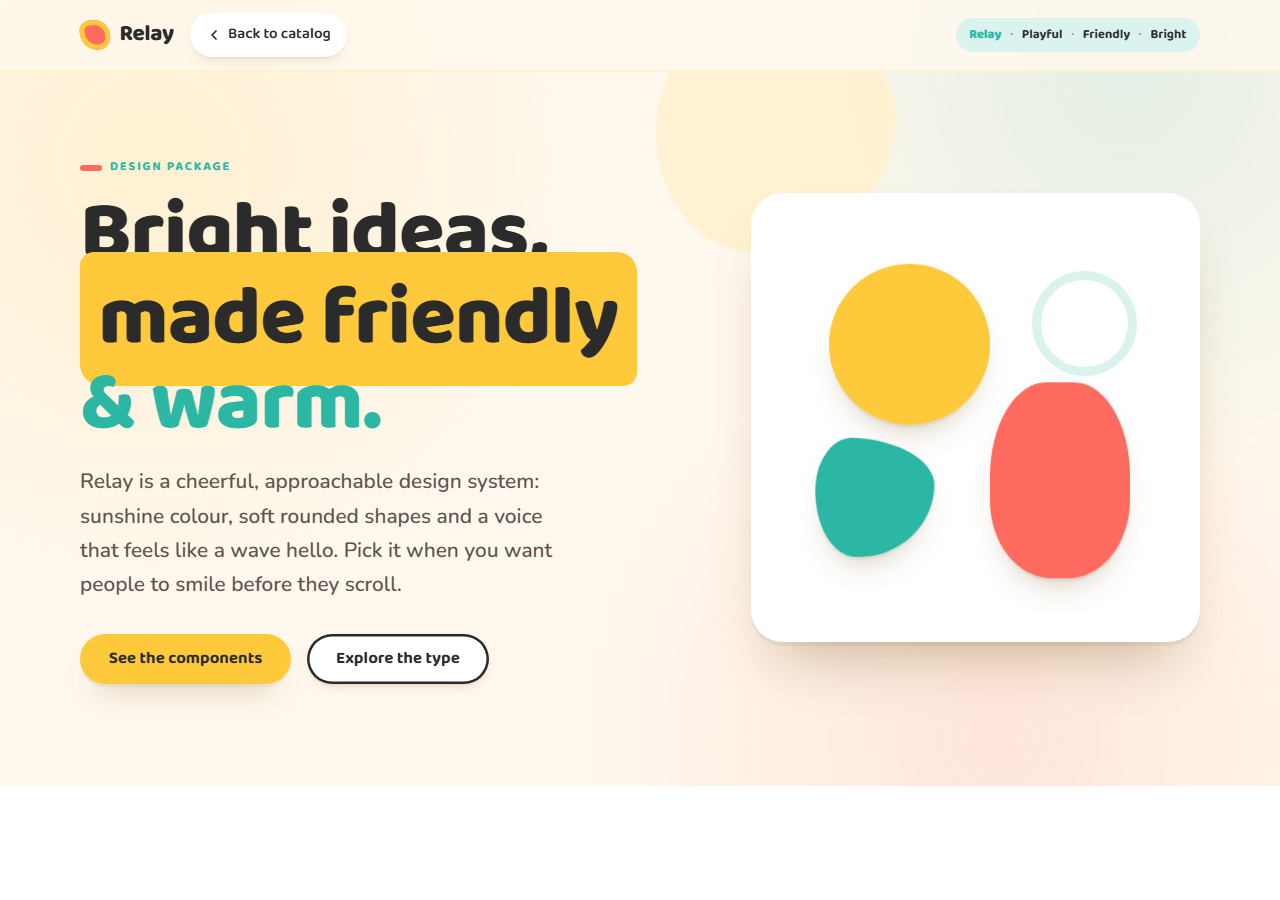 Relay design direction: playful, bright layout with rounded shapes in yellow, coral and teal.