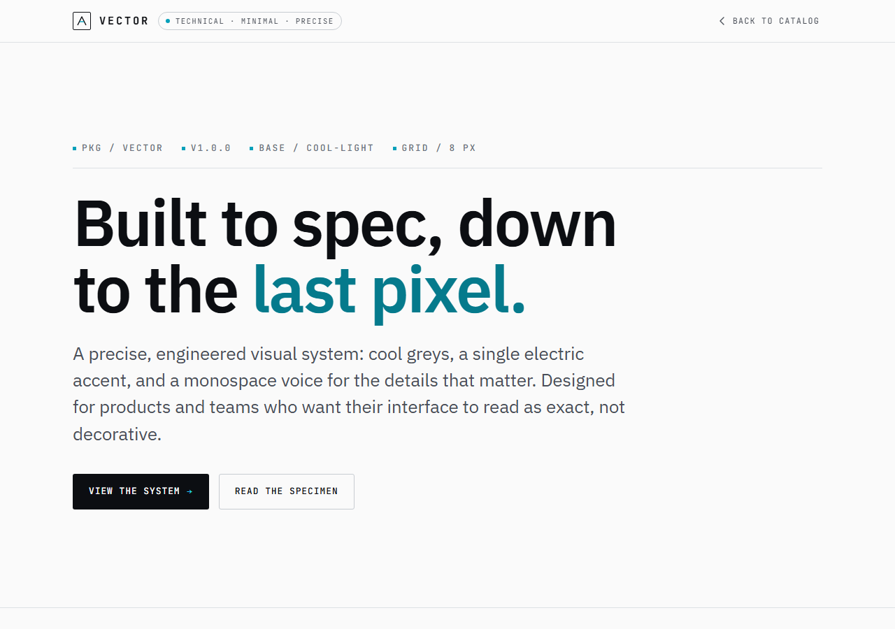 Vector design direction: technical, minimal layout with mono labels and a fine grid.