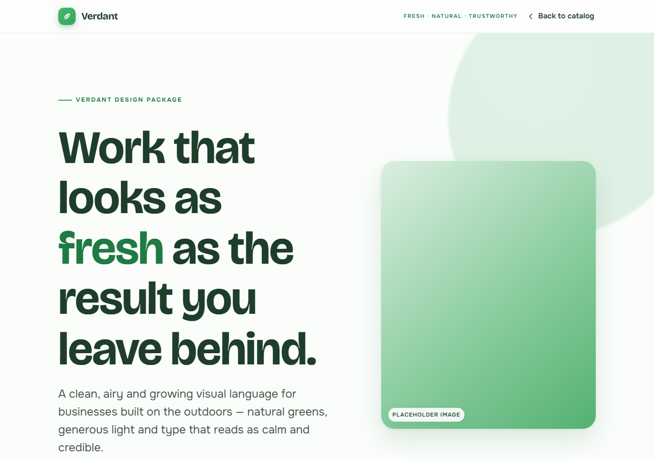 Verdant design direction: fresh, natural layout in crisp white and forest green with a leaf-green accent.